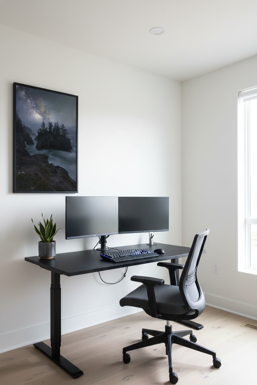 Vertical fine art Oregon Coast sea stack photo print hanging beside a modern black standing desk setup with dual monitors.