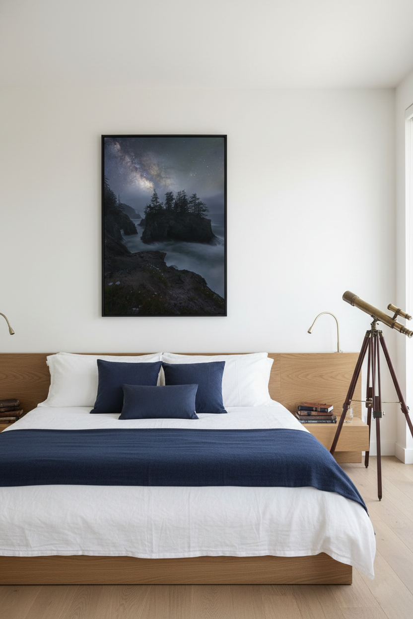 Framed vertical Oregon Coast Milky Way photo print centered above a light oak bed with navy blue linens and brass telescope.