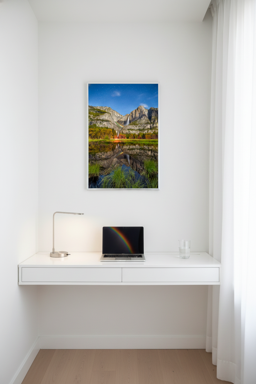 Framed vertical Yosemite Falls moonbow photo print displayed on a crisp white wall above a floating white desk nook.