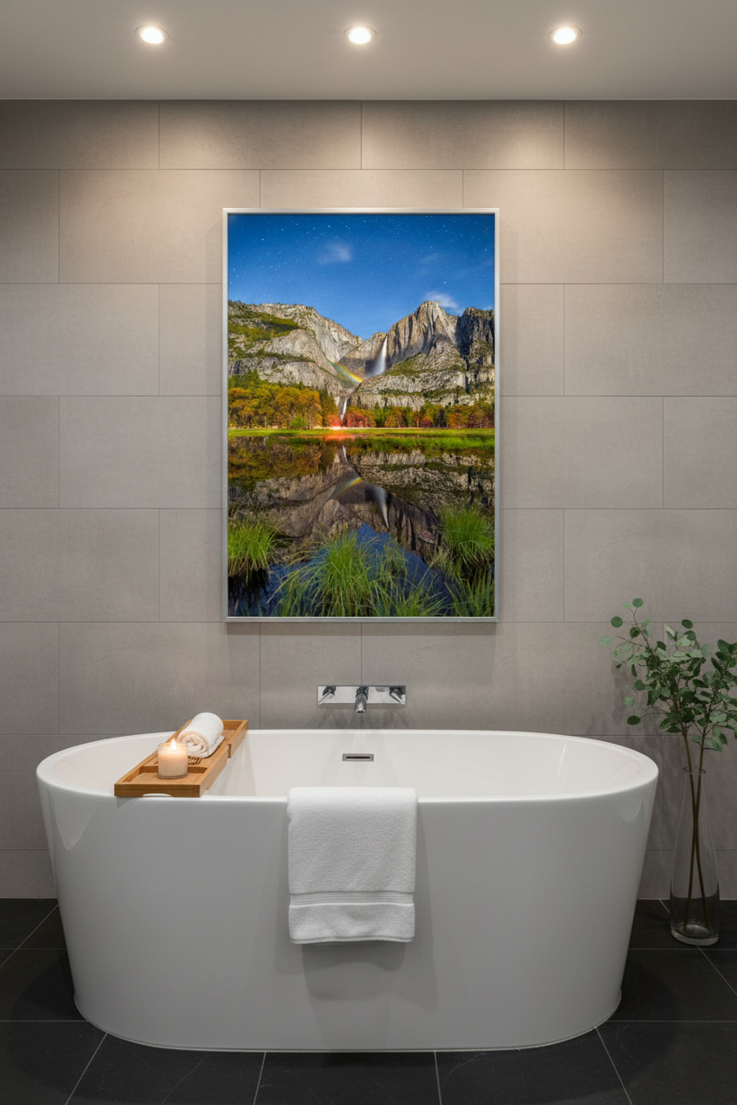 Large vertical framed fine art print of Yosemite Falls moonbow and water reflection hanging above a white freestanding bathtub in a modern beige tile bathroom.