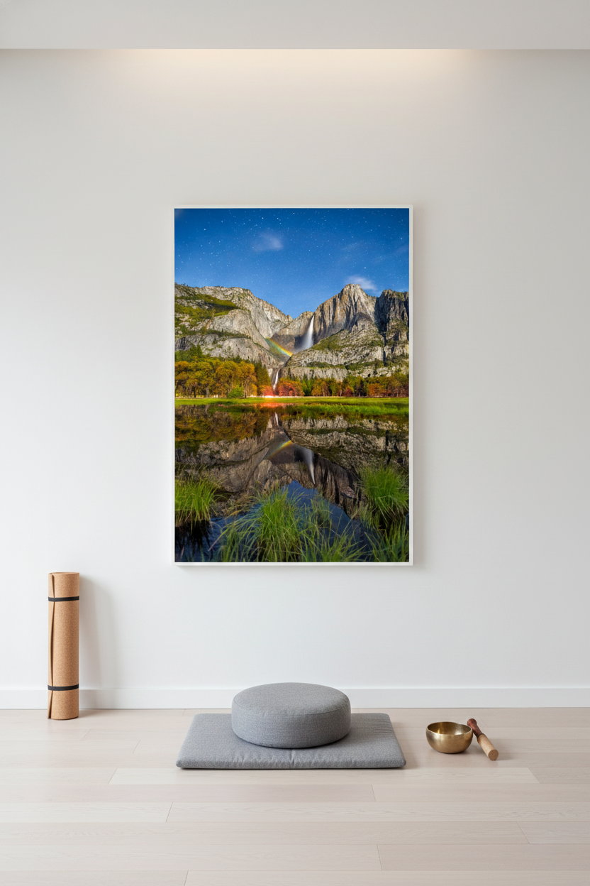Vertical fine art Yosemite night print hanging on a plain white wall above a gray meditation cushion and singing bowl.