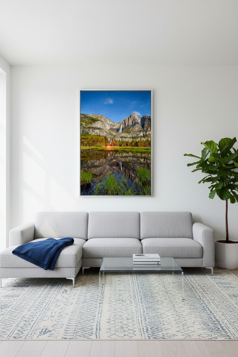 Large framed vertical landscape print of Yosemite Falls moonbow mounted on a white wall behind a light gray sectional sofa.