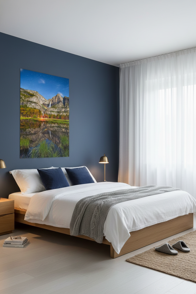 Vertical fine art photo print of Yosemite moonbow reflection on a dark slate blue accent wall behind a wooden platform bed.