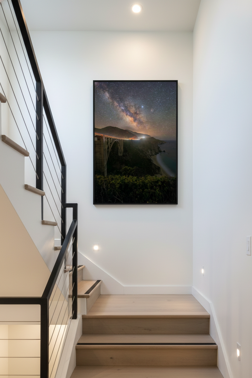 Large framed vertical Milky Way print of Bixby Creek Bridge hanging on a white wall in a modern open stairwell.