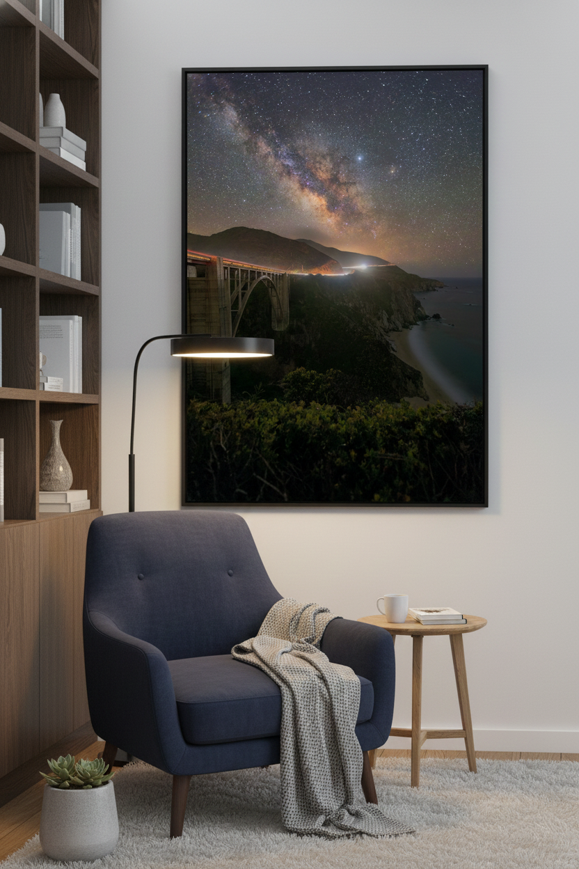Vertical fine art astrophotography print of Big Sur Bixby Bridge displayed beside dark wood built-in bookshelves and a navy armchair.