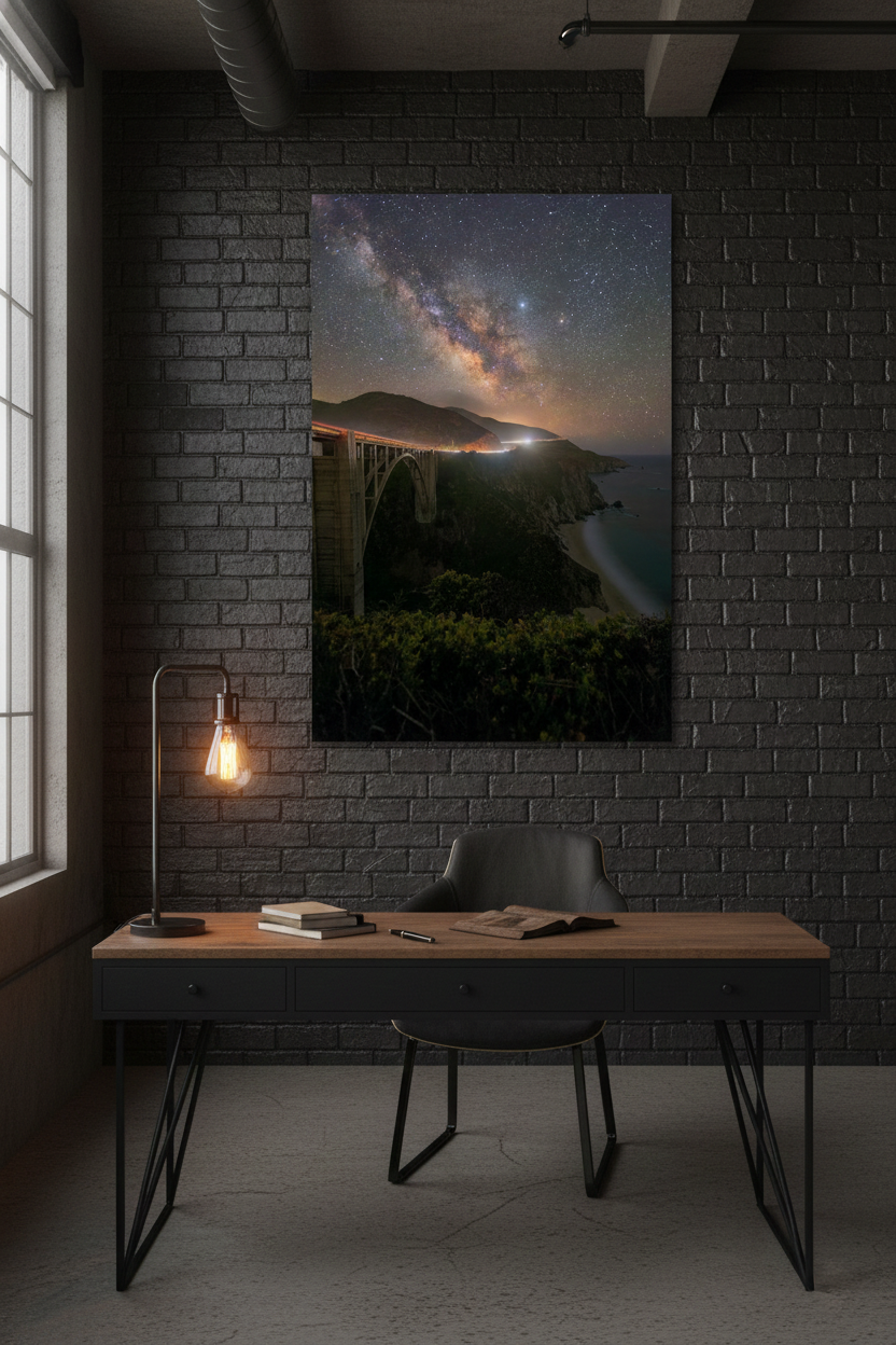 Large vertical night photo print of Bixby Creek Bridge mounted on a black exposed brick wall above a rustic wooden executive desk.