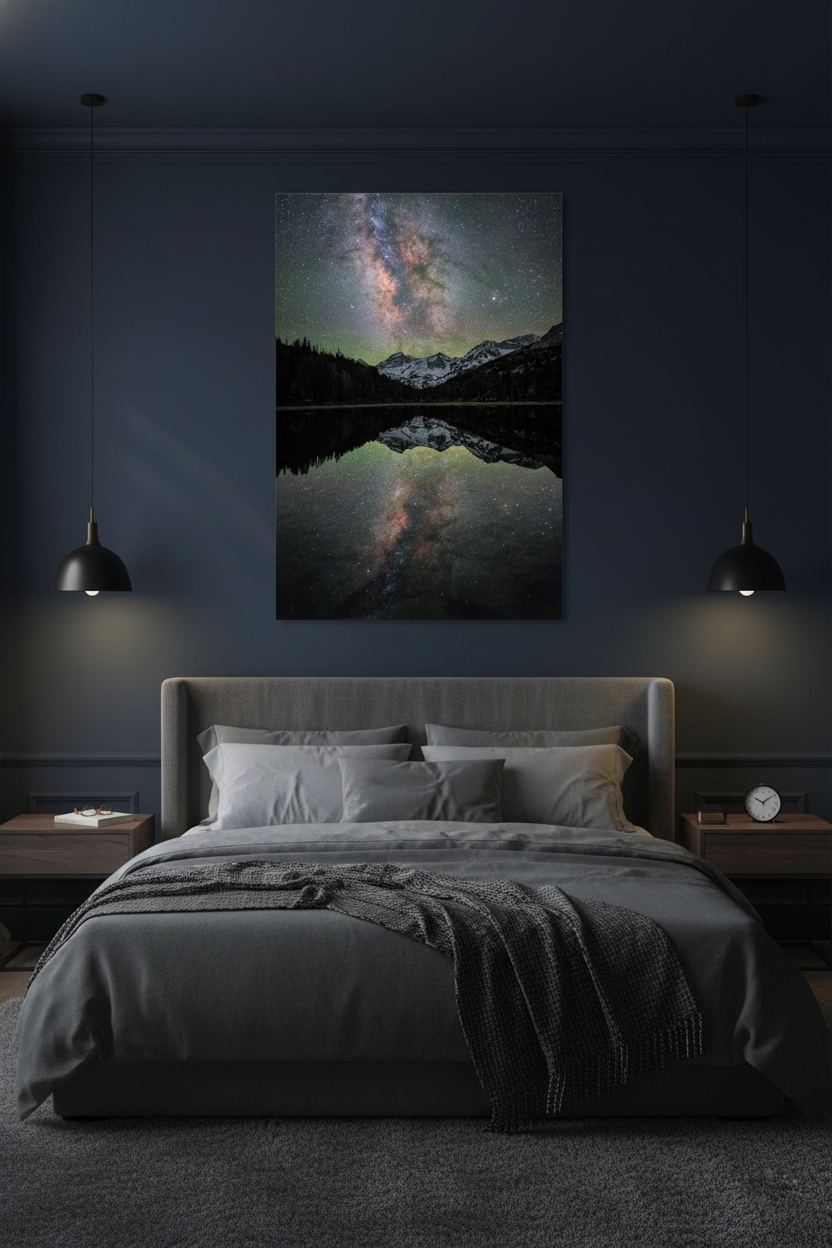 Large vertical astrophotography landscape print hanging over a king bed against a dark charcoal blue accent wall.