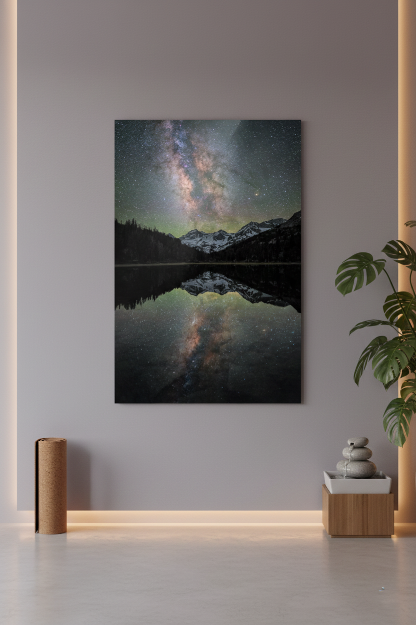 Vertical night landscape print of mountain Milky Way reflection featured on a backlit minimalist wall with a monstera plant.