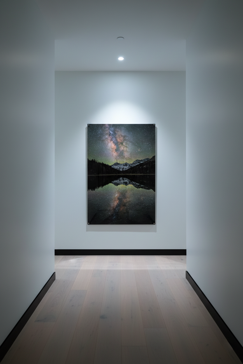 Vertical acrylic fine art print of Eastern Sierra night sky illuminated by a ceiling spotlight at the end of a white hallway corridor.