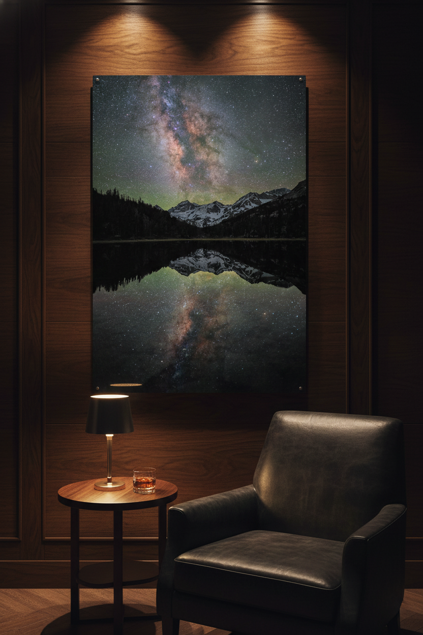 Vertical fine art print of Eastern Sierra Milky Way reflection mounted on rich dark wood wall paneling above a leather armchair.