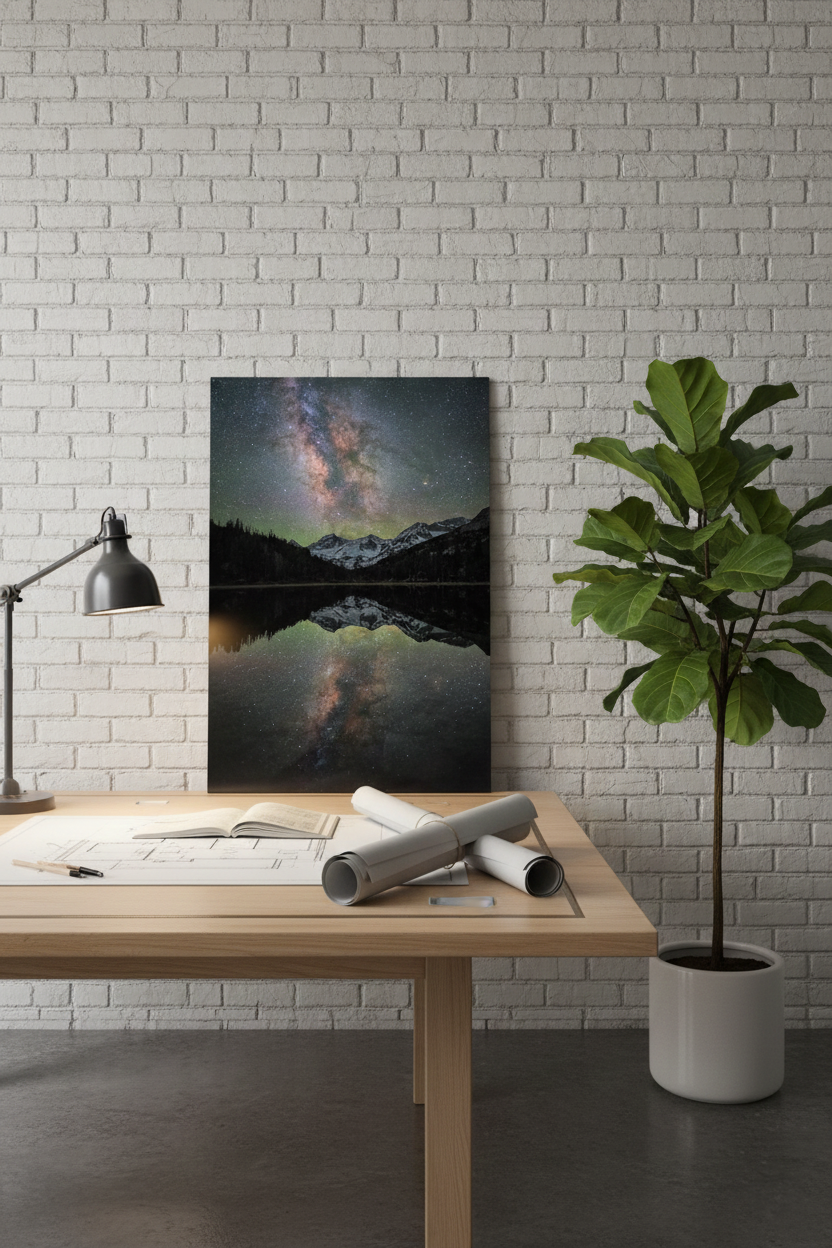 Framed vertical Milky Way mountain reflection photo resting on a wooden drafting table against a white brick wall.
