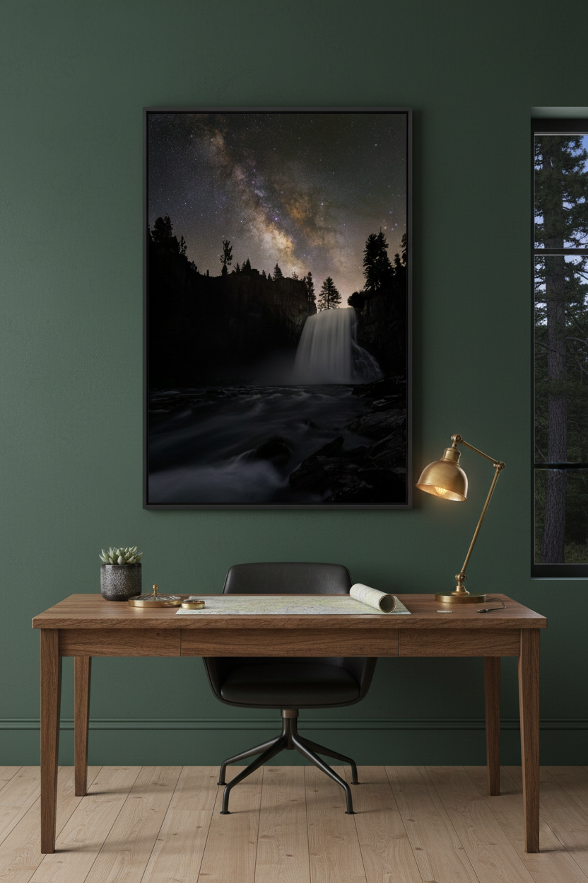 Vertical framed Milky Way astrophotography print hanging on a dark forest green accent wall behind a wooden office desk.