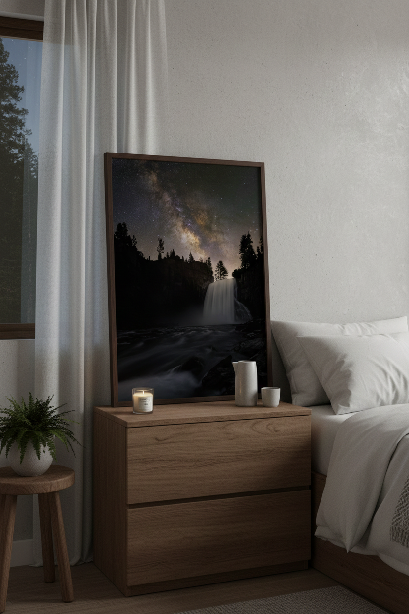 Framed vertical print of Rainbow Falls under the stars resting on a wooden bedside nightstand in a cozy neutral bedroom.