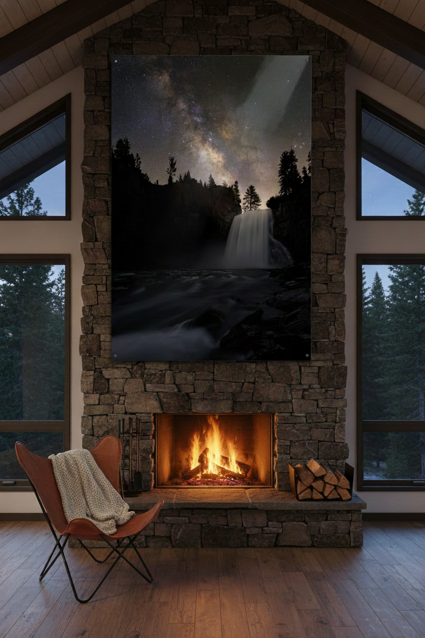 Large vertical fine art print of Rainbow Falls and Milky Way displayed over a stone fireplace in an A-frame cabin living room.
