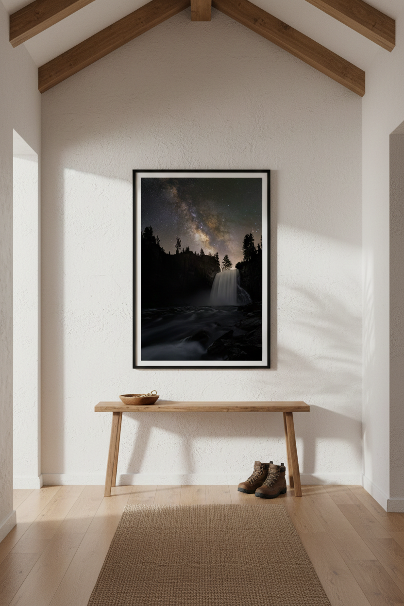 Framed vertical waterfall night sky photograph hanging on a textured white wall in a modern Scandinavian entry corridor.