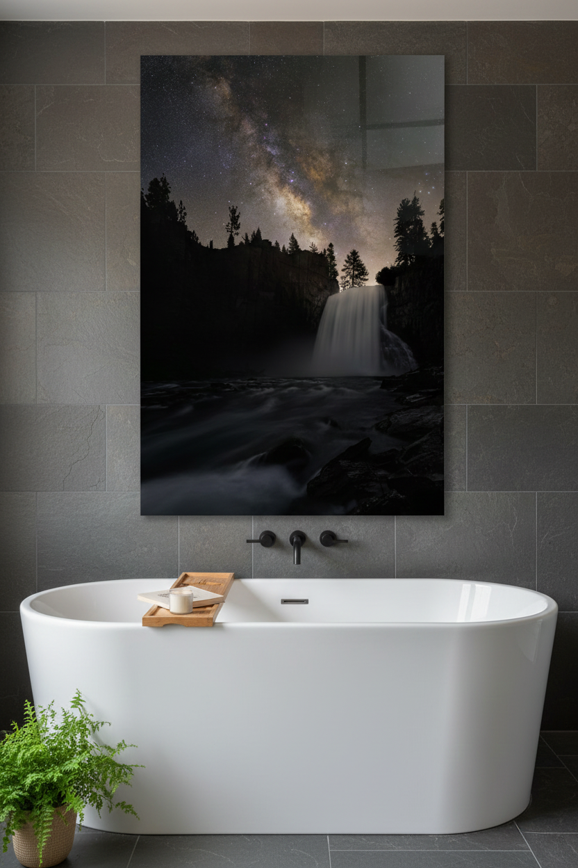 Vertical acrylic fine art print of Rainbow Falls at night mounted on dark slate tile above a white freestanding bathtub.