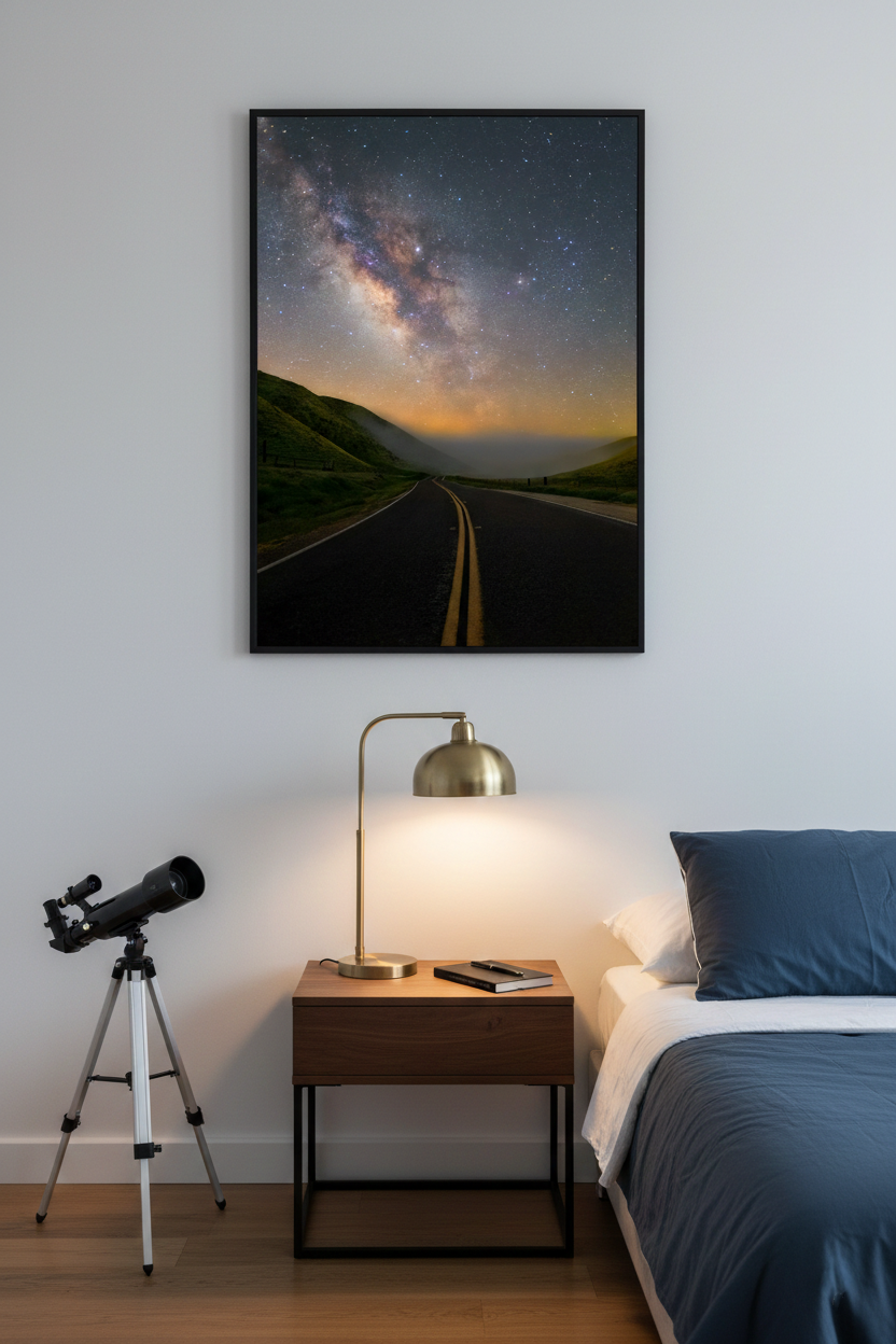 Vertical framed night road photograph hanging over a wooden nightstand with a brass lamp and a small telescope in a modern bedroom.