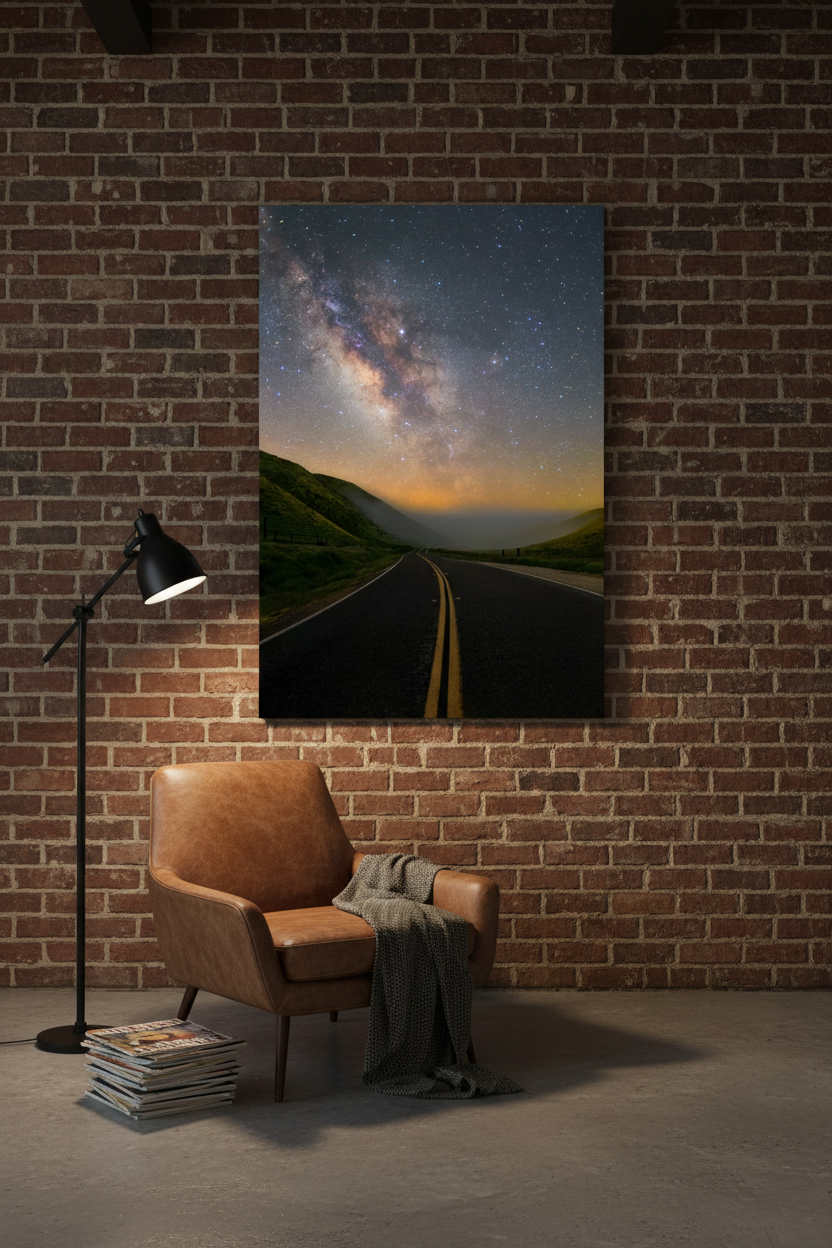 Vertical night landscape print displayed on an exposed red brick wall above a cognac leather armchair in an industrial loft.