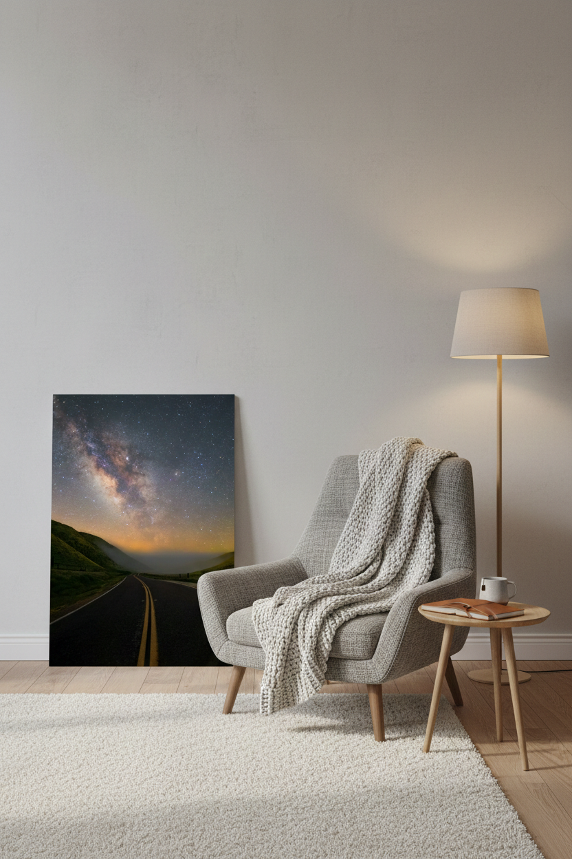 Large framed open road Milky Way print leaning against a white wall in a cozy reading nook next to a grey armchair.