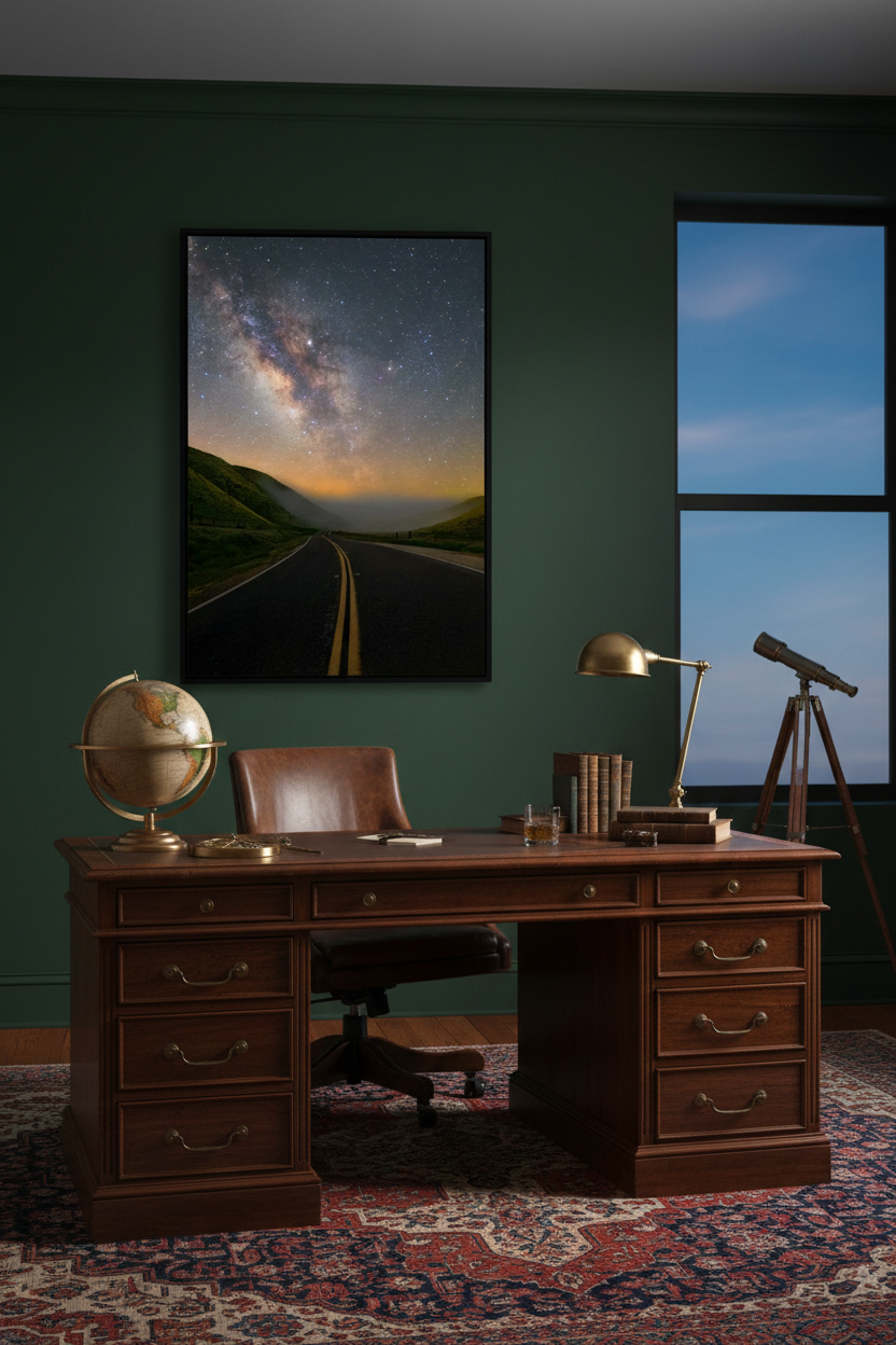 Vertical astrophotography print mounted on a dark green wall above a vintage wooden desk with a brass lamp and globe.