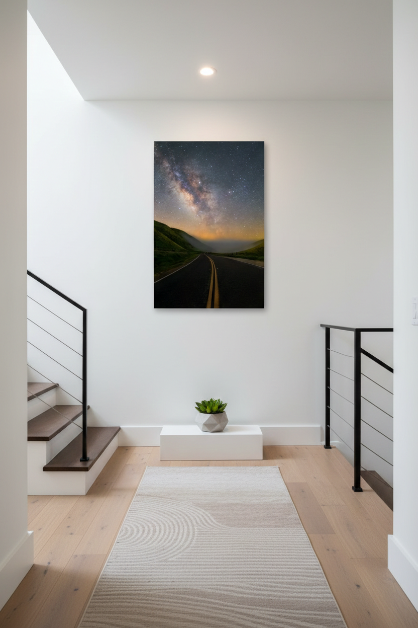 Vertical fine art highway landscape print centered on a clean white wall at a modern home staircase landing.
