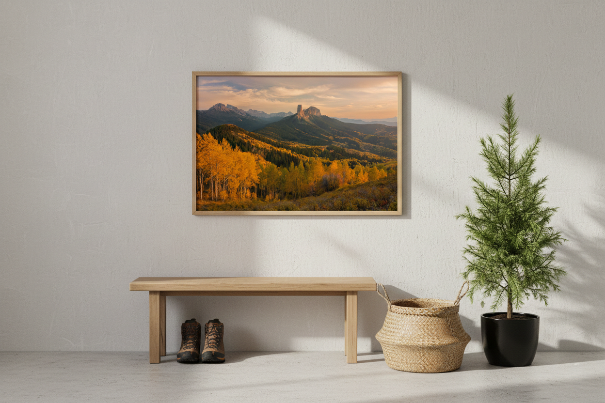 Horizontal autumn mountain landscape photo framed in light wood hanging above a simple wooden bench in a neutral mudroom entryway.