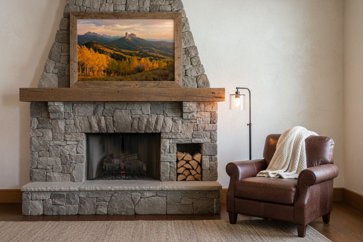 Large framed fine art landscape print of Chimney Rock and golden autumn aspens mounted over a rustic stone fireplace mantle.