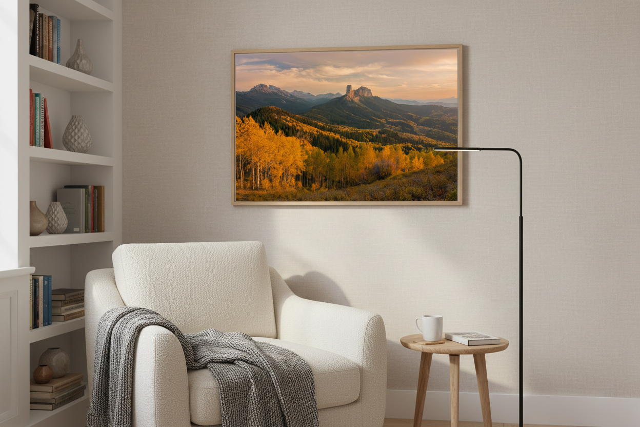 Framed horizontal print of golden autumn mountain peak hanging above a cream armchair in a cozy neutral reading corner.