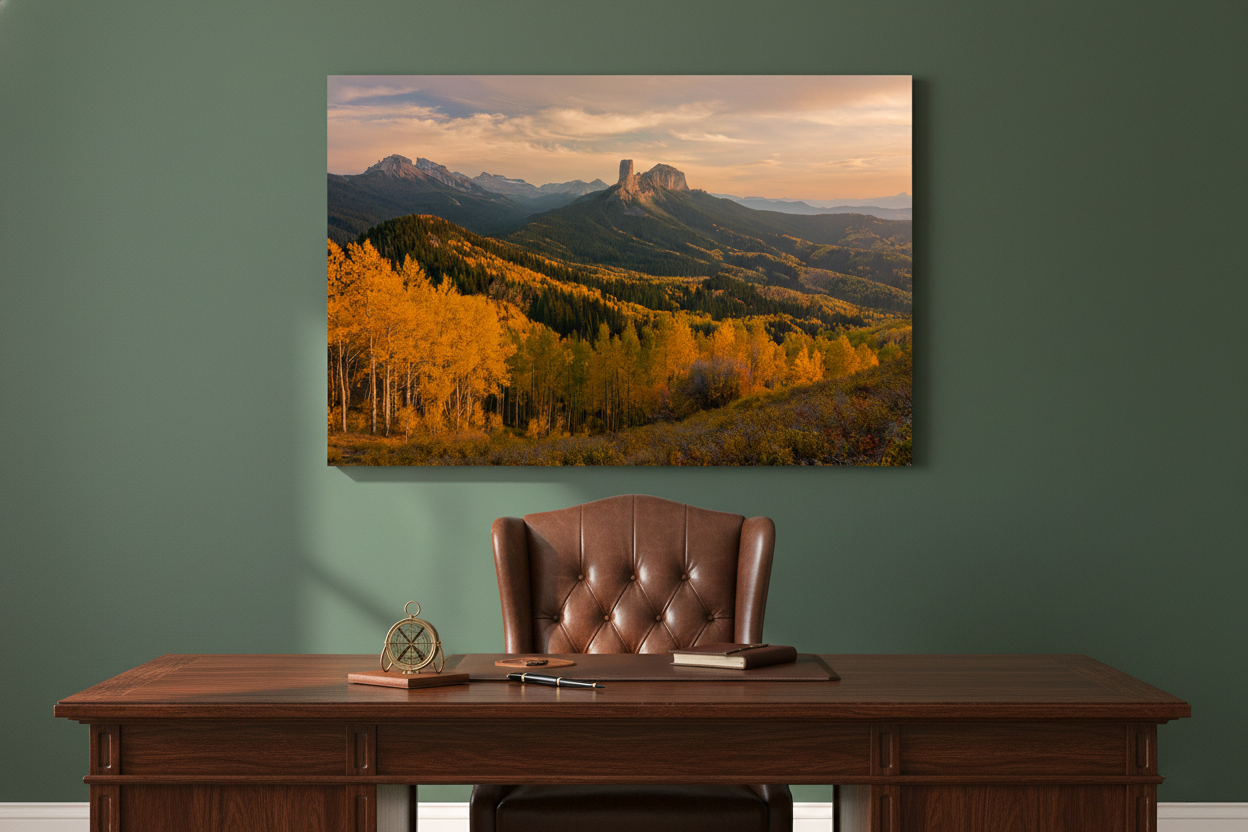 Horizontal fine art landscape print of Colorado autumn mountain scenery centered on a sage green office wall behind a rich wooden desk.
