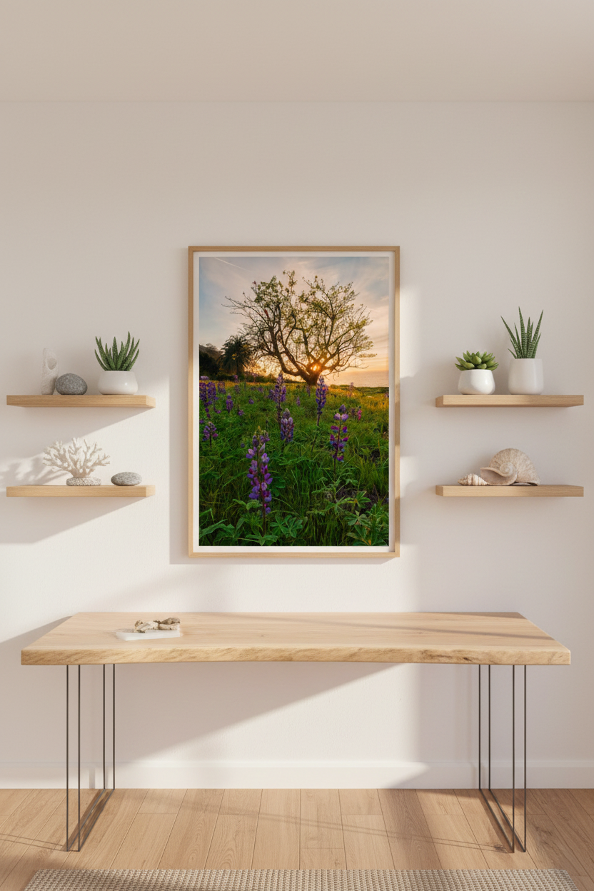 Vertical coastal sunset print framed in light wood hanging above a sleek wooden desk flanked by floating shelves with potted plants.