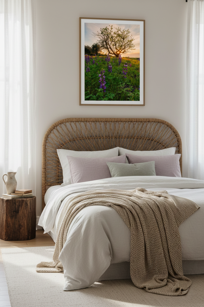 Vertical coastal wildflower sunset photograph hanging above a woven rattan headboard in a bright, neutral-toned bedroom.