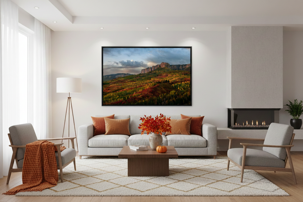 Large framed horizontal landscape print of autumn mountains mounted above a grey sofa in a modern living room next to a fireplace.