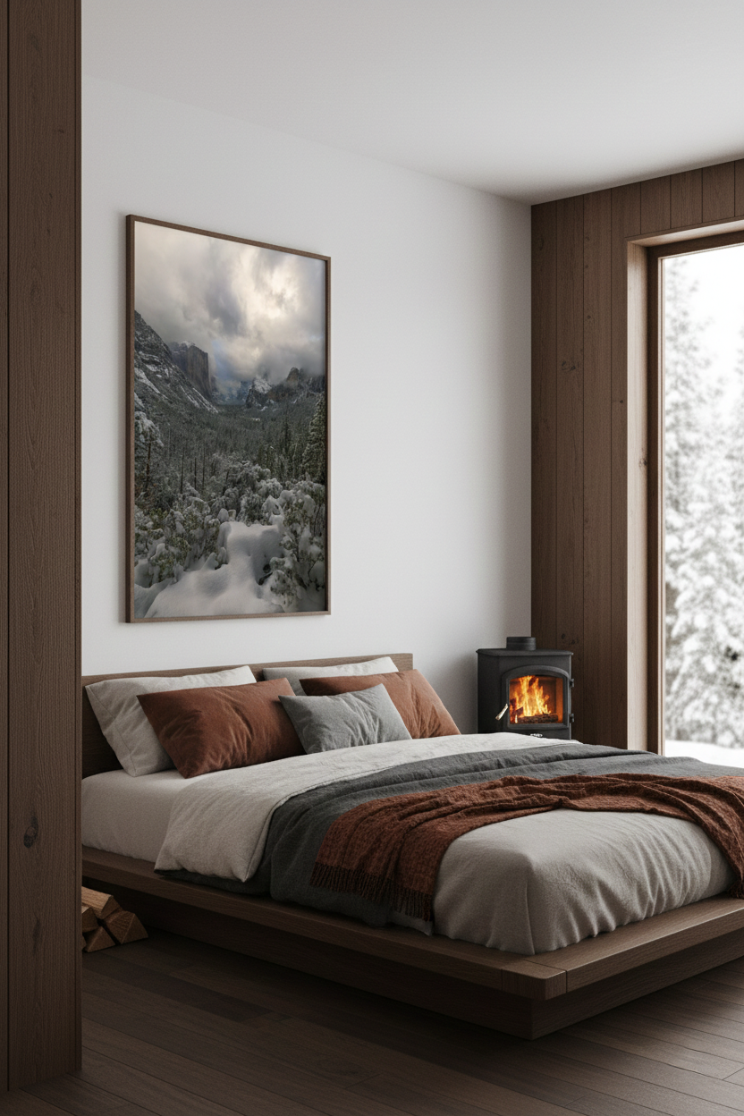 Vertical Yosemite winter landscape photograph framed on a white wall above a low wooden platform bed near a wood-burning stove.