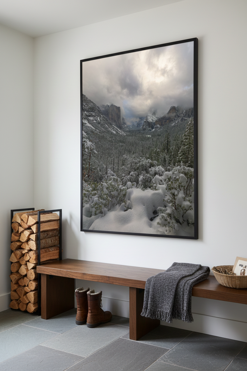 Large black-framed fine art landscape photograph hanging over a wooden entryway bench next to stacked firewood.