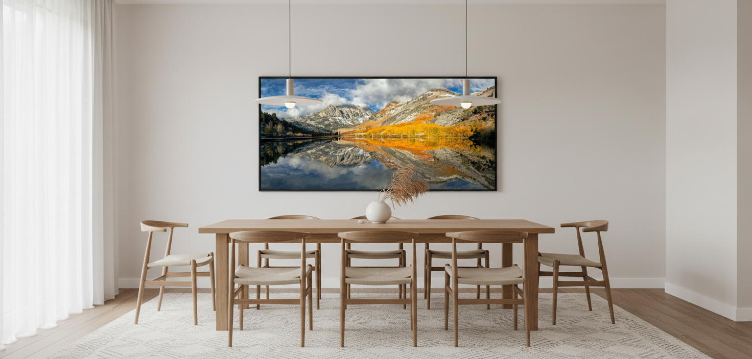 Panoramic fine art print of autumn mountains and lake reflection hanging above a light oak dining table with woven chairs.