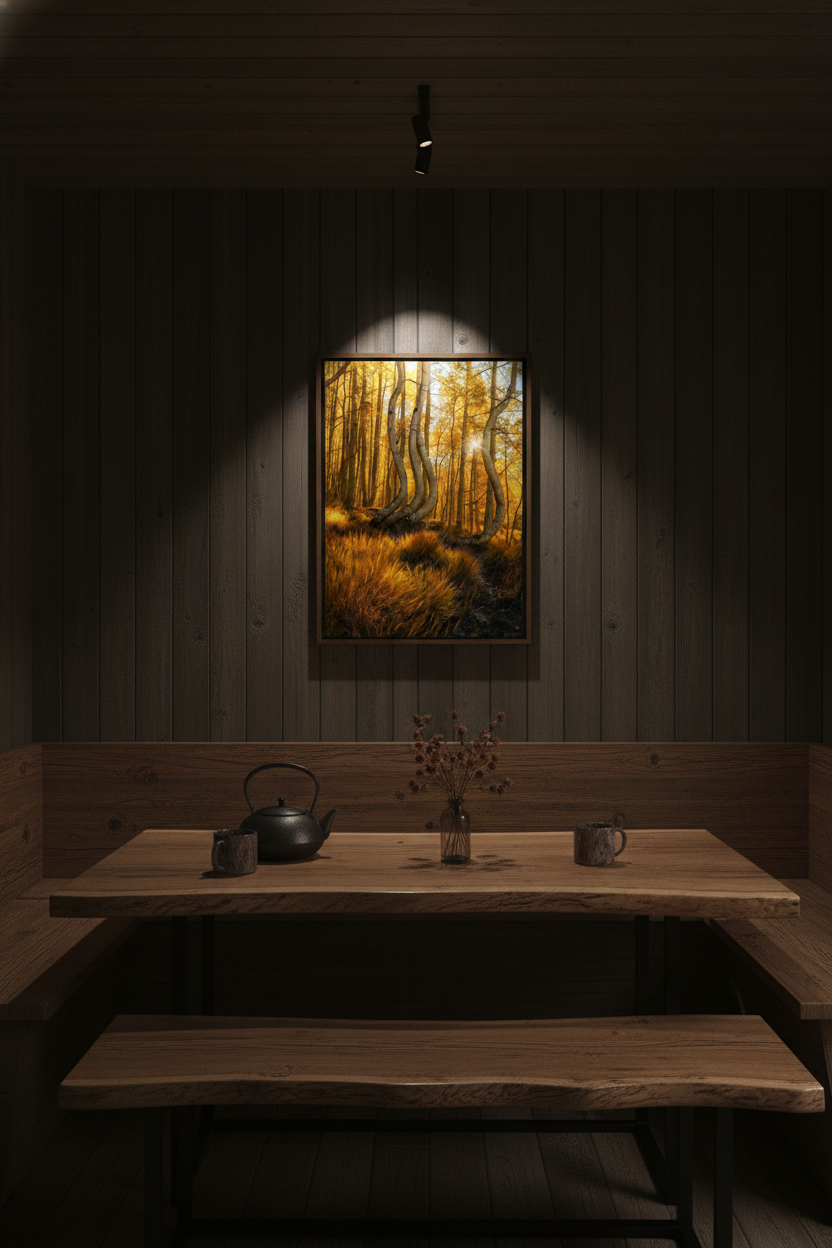 Spotlit vertical golden aspen forest photograph mounted on a dark wood-paneled wall above a live-edge wooden dining booth.