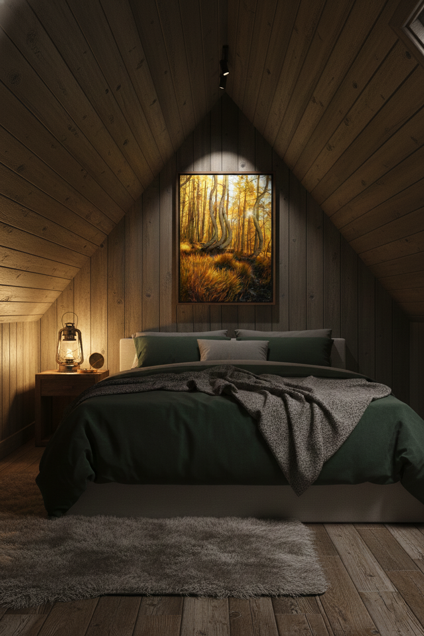 Fine art print of curved autumn aspens under a spotlight above a bed in a vaulted wood-paneled attic bedroom.
