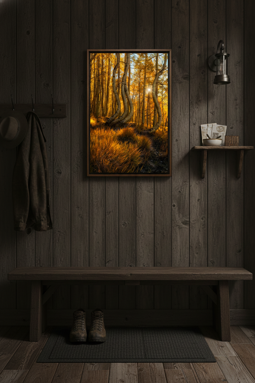 Vertical autumn forest print hanging above a simple wooden bench in a dark wood-paneled entryway.