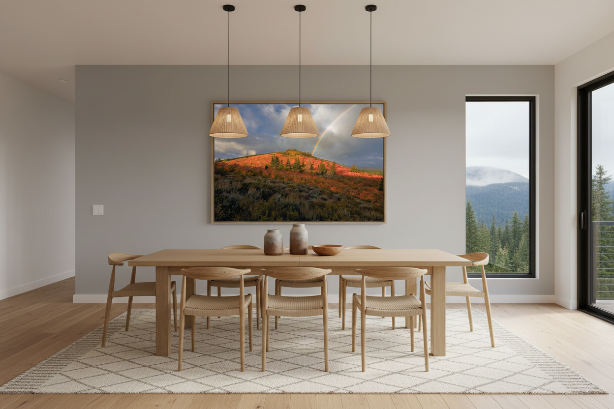 Horizontal landscape photograph of a rainbow over red fall foliage displayed above a wooden dining table and woven pendant lights.
