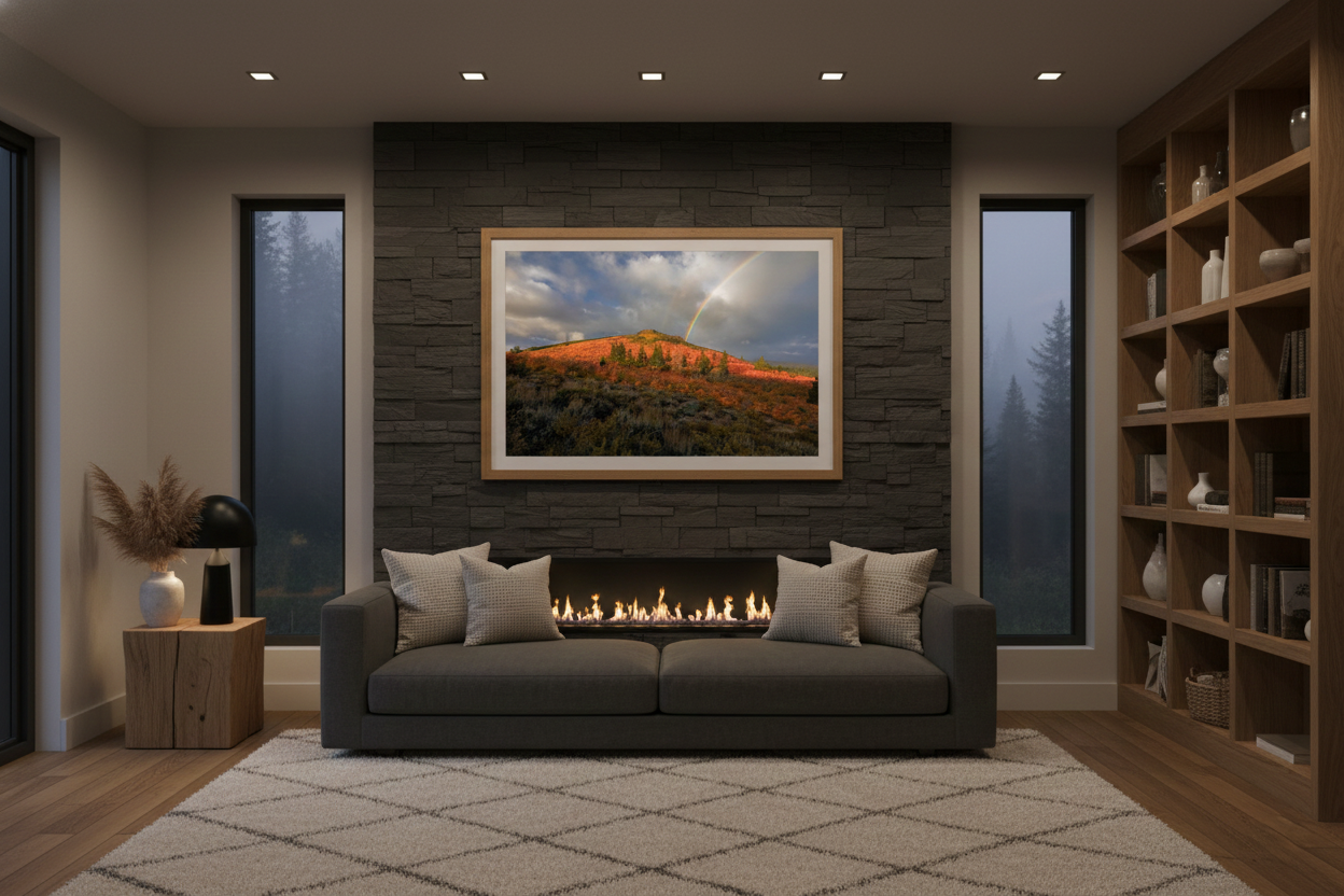 Fine art landscape print centered on a dark slate fireplace feature wall above a modern grey sofa and built-in shelving.