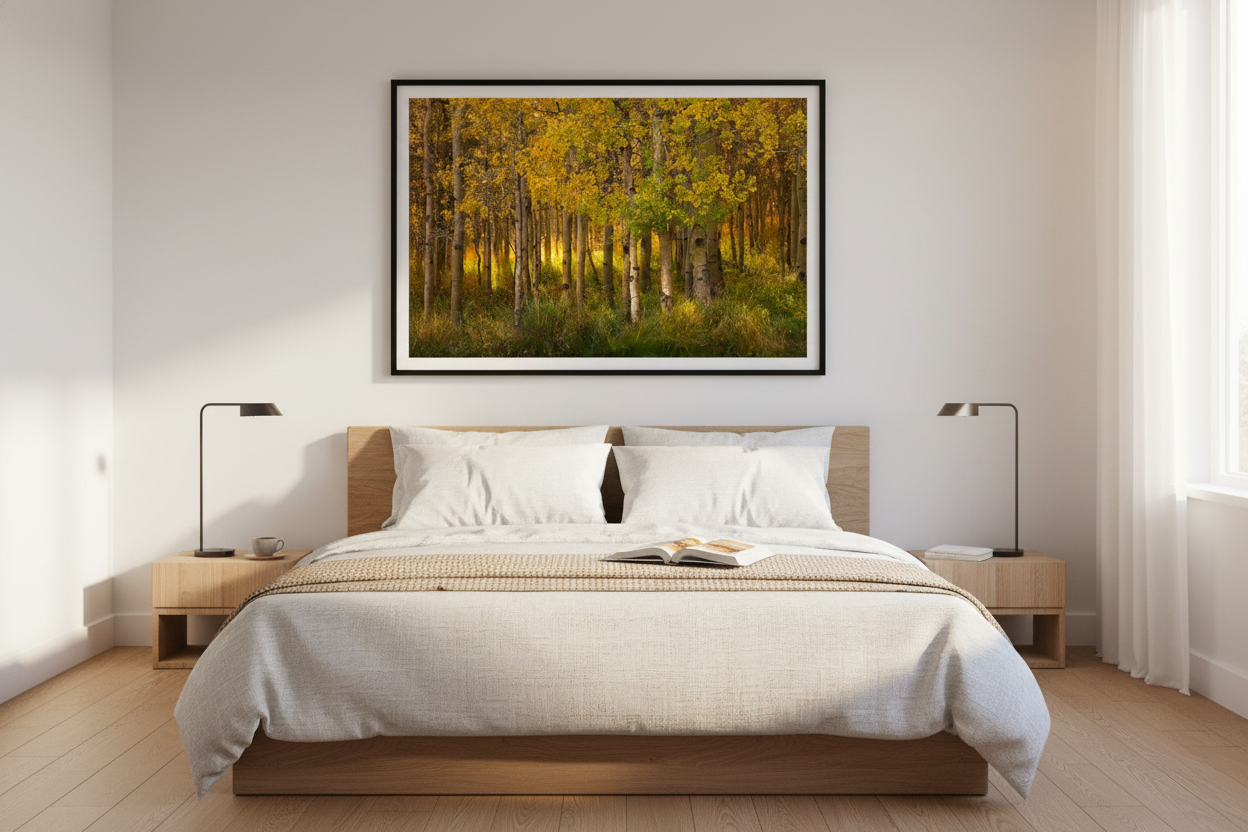 Fine art aspen forest print in a thin black frame displayed over a light oak platform bed with neutral bedding.