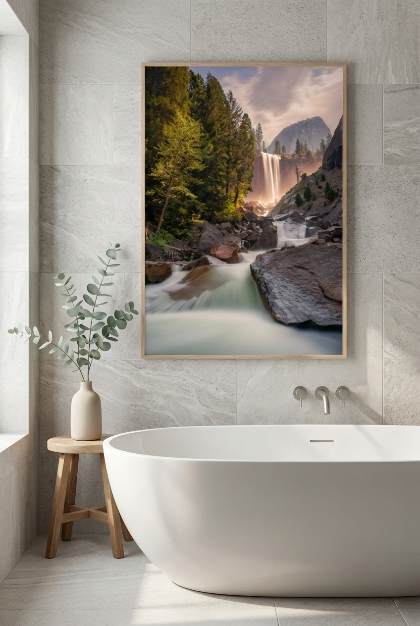 Yosemite waterfall print mounted on a light tile wall above a modern freestanding white soaking tub.