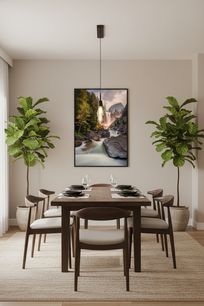Vertical fine art landscape print of Vernal Fall centered over a dark wood dining table flanked by potted indoor trees.