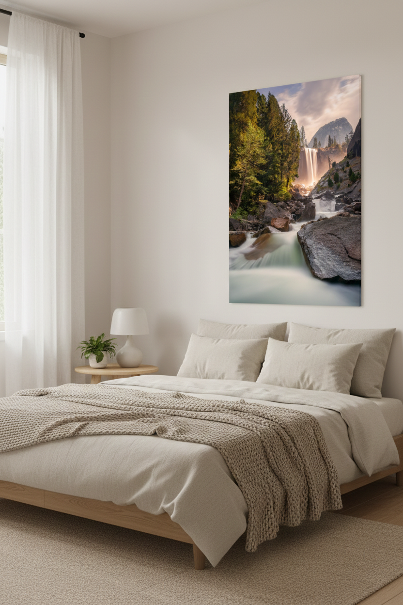 Vertical fine art print of Vernal Fall in Yosemite hanging above a beige wood-frame bed in a bright modern bedroom.