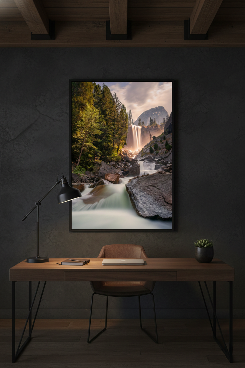 Framed Yosemite waterfall fine art photograph mounted on a dark textured wall above a wooden desk and task lamp.