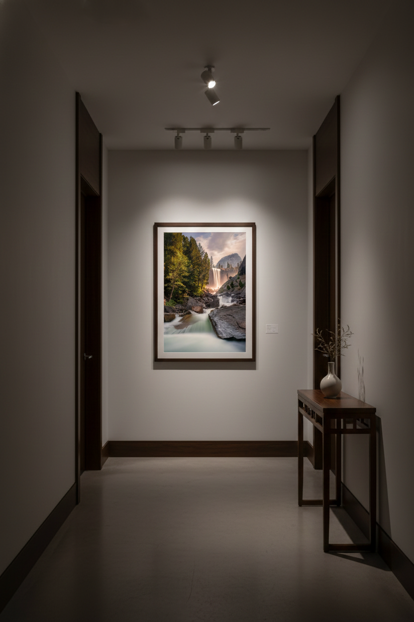 Spotlit vertical waterfall landscape print in a dark wood frame accenting a modern hallway wall next to a console table.
