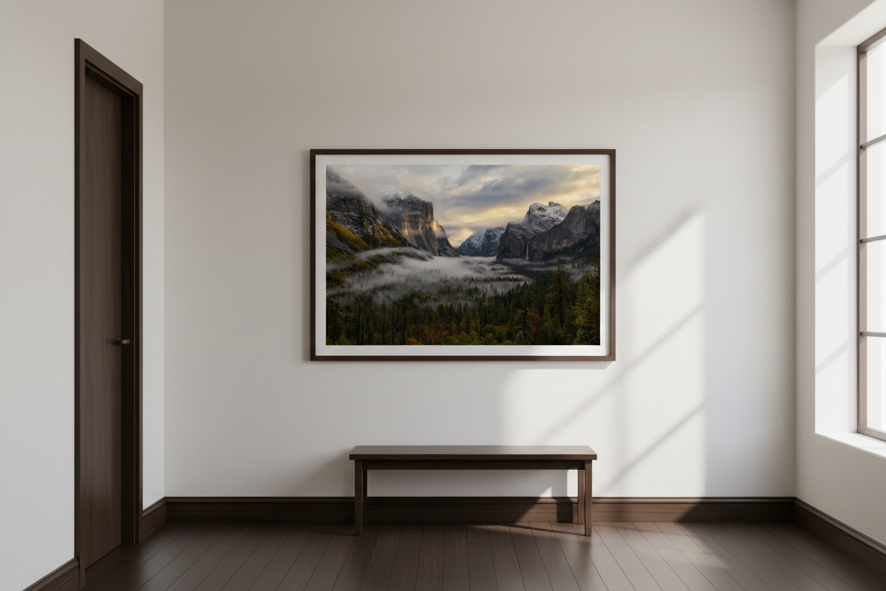 Misty Yosemite mountain landscape photograph hanging above a minimal dark wood bench in a bright gallery-style entryway.