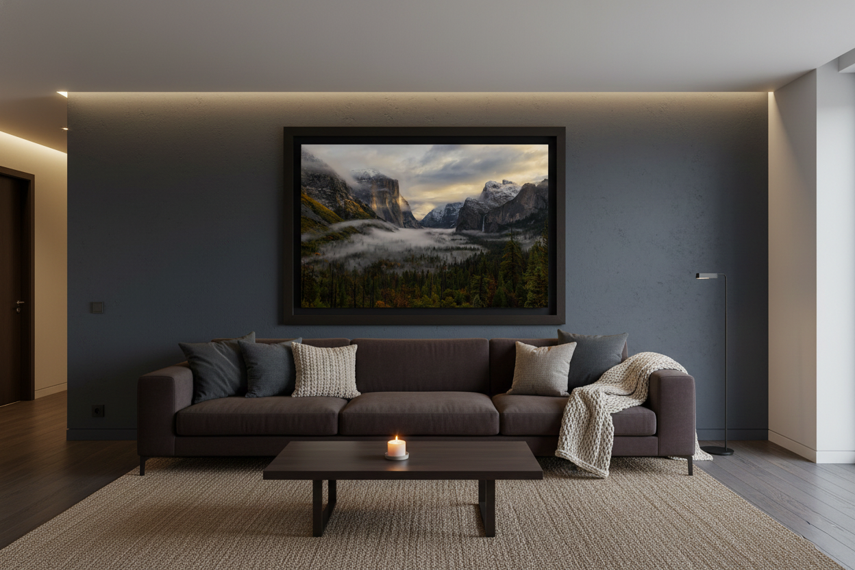 Large framed fine art landscape print of Yosemite Tunnel View mounted on a dark charcoal accent wall above a brown plush sofa.