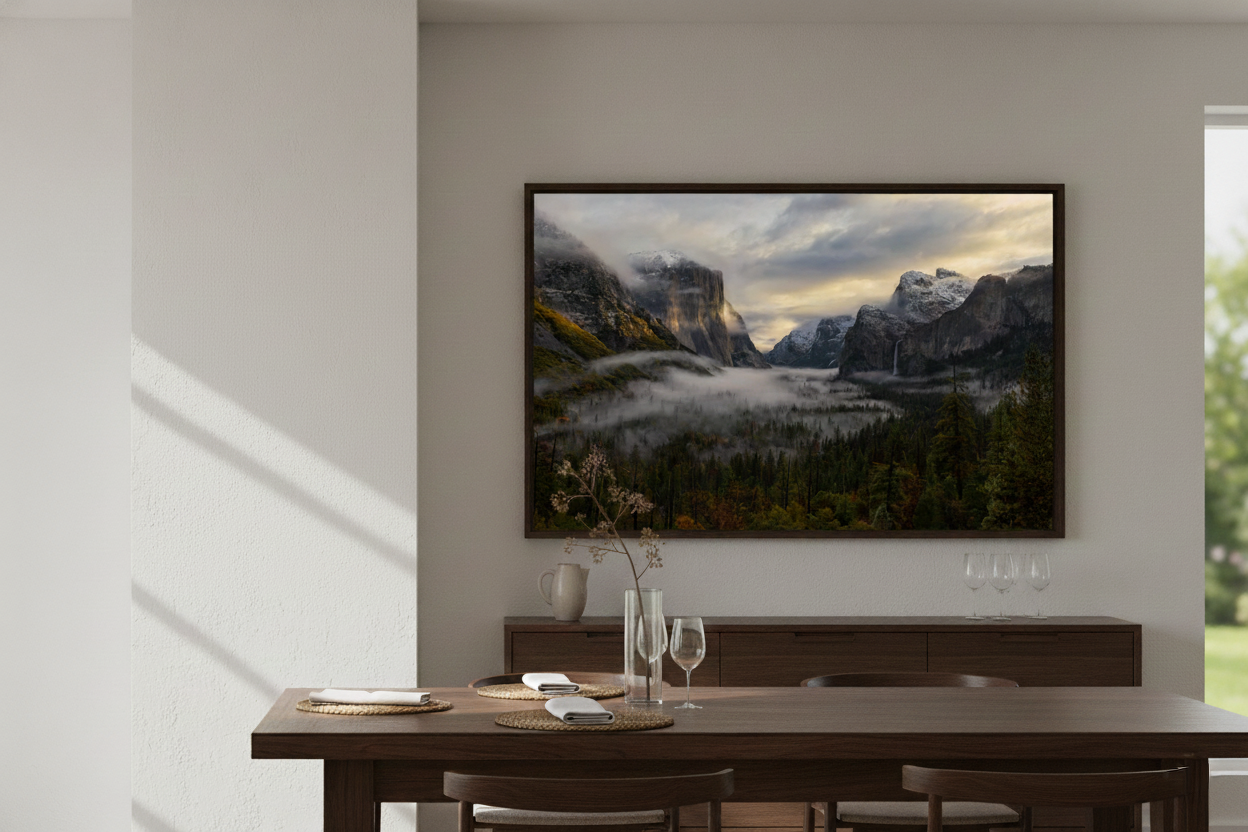 Framed Yosemite winter print displayed above a dark walnut buffet table and dining set illuminated by natural window light.