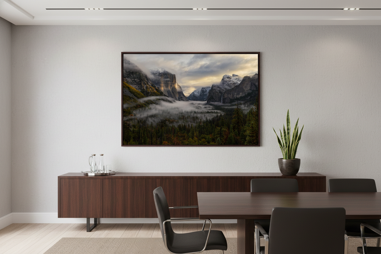 Horizontal Yosemite valley print mounted on a crisp white wall above a long dark wood side console in a modern office boardroom.